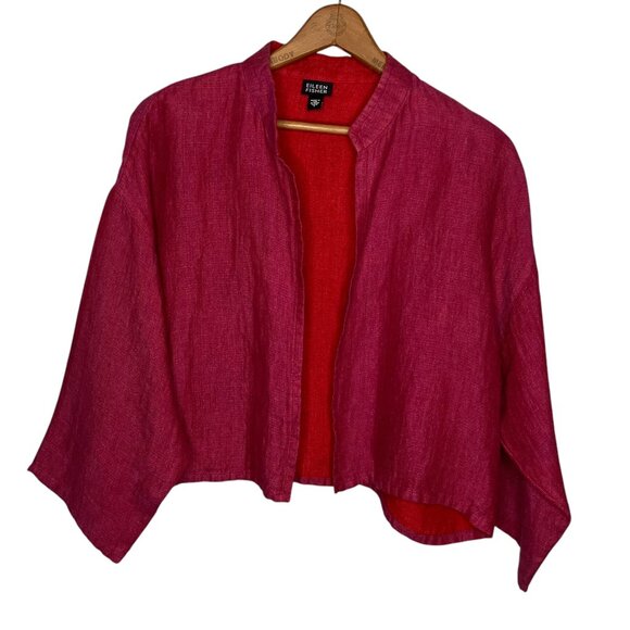 Eileen Fisher S Pink‎ Fuchsia 100% Irish Linen Cropped Lagenlook Blazer Jacket - Picture 1 of 4